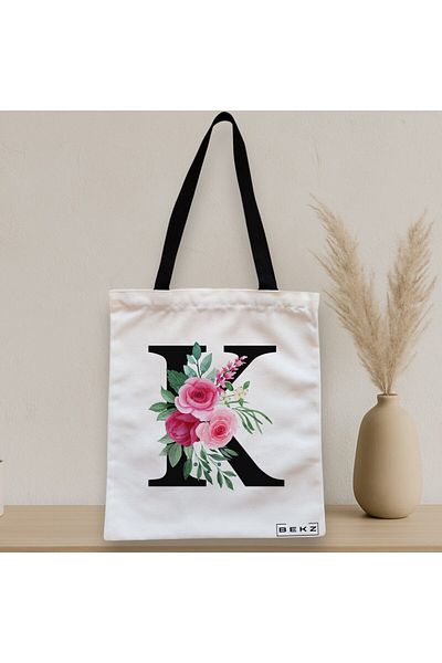 BEKZ Textile Bag With Zipper, Tote Bag, With Letter K And Roses, 38x34.5 Cm, ​​White, ®
