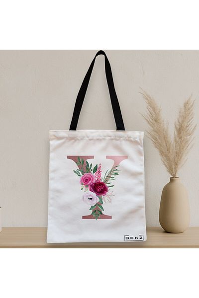 BEKZ Textile Bag With Zipper, Tote Bag, With Letter Y Rose Gold And Roses, 38x34.5 Cm, ​​White, ®