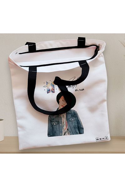 BEKZ Sacosa Textila Cu Fermoar, Geanta Tote, Model Bts Suga 2, 38x34.5 Cm, Alba, ®