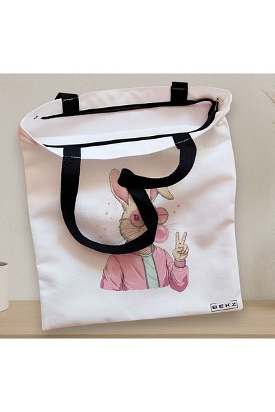 BEKZ Sacosa Textila Cu Fermoar, Geanta Tote, Model Pinkie Peace 38 X 34.5 Cm, Alb, ®