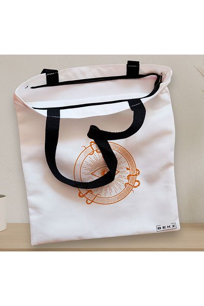 BEKZ Sacosa Textila Cu Fermoar, Geanta Tote, Model Mystic Eye, 38x34.5 Cm, Alba, ®