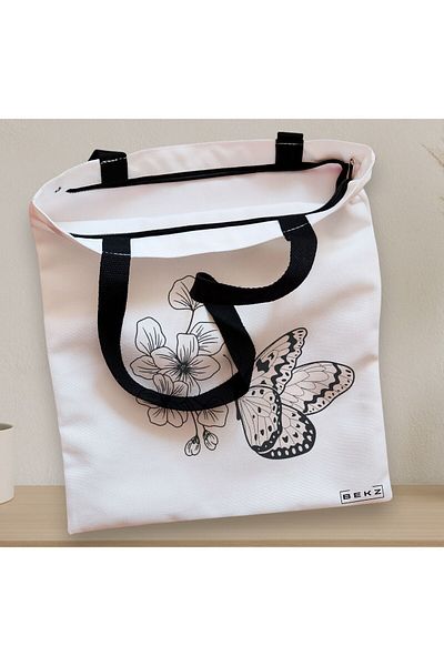 BEKZ Textile Bag With Zipper, Tote Bag, Minimalist Butterfly Pattern, 38x34.5 Cm, ​​White, ®