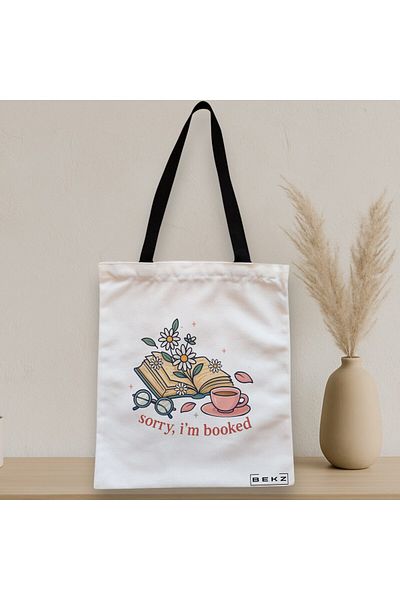 BEKZ Textile Bag With Zipper, Tote Bag, Sorry I’m Booked Model, 38 X 34.5 Cm, ​​White, ®