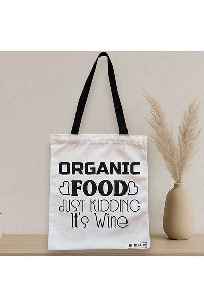 BEKZ Textile Bag With Zipper, Tote Bag, Food Pattern, Just Kidding, It's Wine, 38x34.5 Cm, ​​White