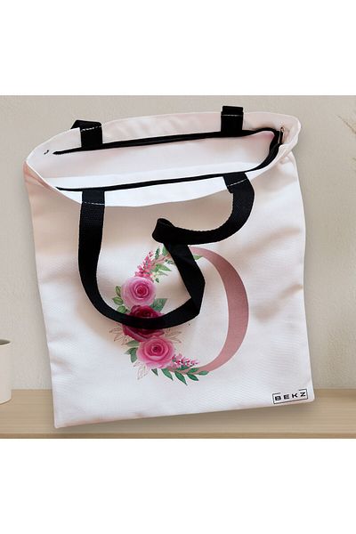 BEKZ Sacosa Textila Cu Fermoar, Geanta Tote, Cu Litera O Rose Gold Si Trandafiri, 38x34.5 Cm, Alba, ®