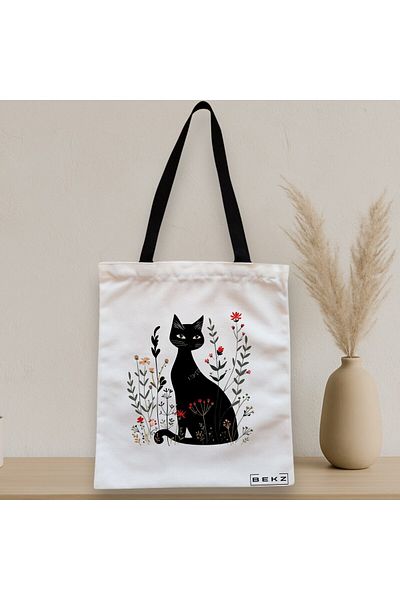 BEKZ Textile Bag With Zipper, Tote Bag, Cat And Flowers Model 5, 38 X 34.5 Cm, ​​White, ®