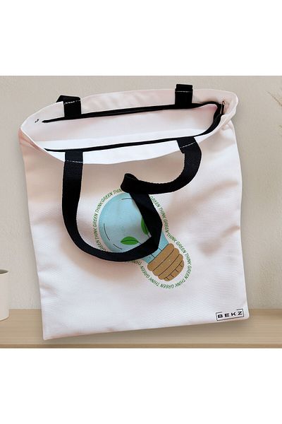BEKZ Sacosa Textila Cu Fermoar, Geanta Tote, Model Think Green, 38x34.5 Cm, Alba, ®