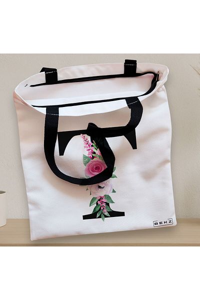BEKZ Textile Bag With Zipper, Tote Bag, With Letter T And Roses, 38x34.5 Cm, ​​White, ®