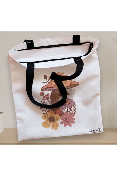 BEKZ Textile Bag With Zipper, Tote Bag Colorful Mushrooms 10, 38x34.5 Cm, ​​White, ®