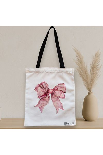 BEKZ Sacosa Textila Cu Fermoar, Geanta Tote, Model Pink Bow 38 X 34.5 Cm, Alb, ®