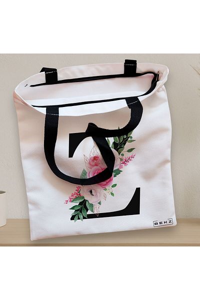BEKZ Textile Bag With Zipper, Tote Bag, With Letter Z And Roses, 38x34.5 Cm, ​​White, ®