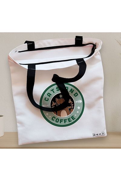 BEKZ Textile Bag With Zipper, Tote Bag, Cats And Coffee Model, 38 X 34.5 Cm, ​​White, ®