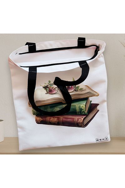 BEKZ Textile Bag With Zipper, Tote Bag, Books And Glasses Model 38 X 34.5 Cm, ​​White, ®