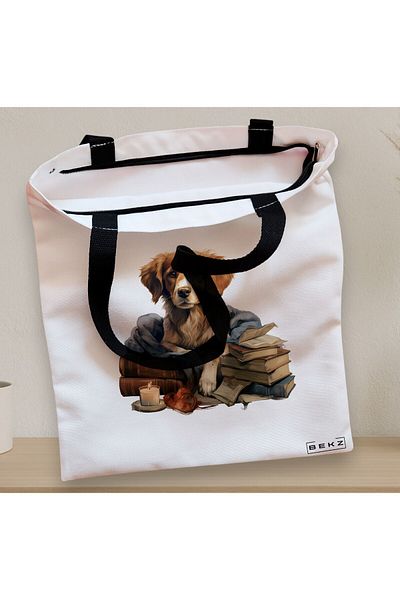 BEKZ Textile Bag With Zipper, Tote Bag, Reading Puppy Model 13 38 X 34.5 Cm, ​​White, ®