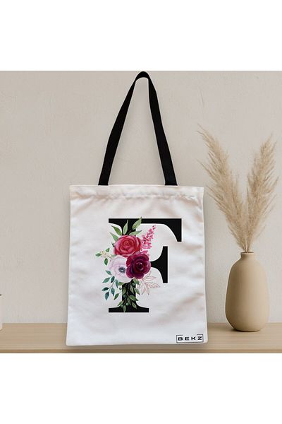 BEKZ Sacosa Textila Cu Fermoar, Geanta Tote, Cu Litera F Si Trandafiri, 38x34.5 Cm, Alba, ®
