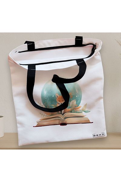 BEKZ Textile Bag With Zipper, Tote Bag, Foxy And Books Model 38 X 34.5 Cm, ​​White, ®