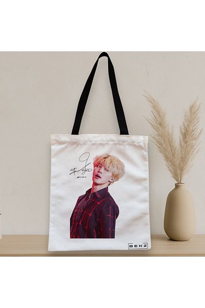 BEKZ Sacosa Textila Cu Fermoar, Geanta Tote, Model Bts Jimin Cu Semnatura 2, 38x34.5 Cm, Alba, ®