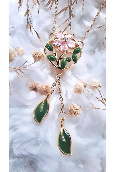 Serenity قلادة من الفولاذ المقاوم للصدأ على شكل ورقة خضراء مع شكل زهرة