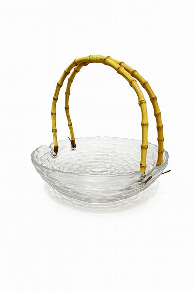 FAIR HOME Round Glass Large Size Basket with Bamboo Handle – Presentation Bowl – Fruit Bowl