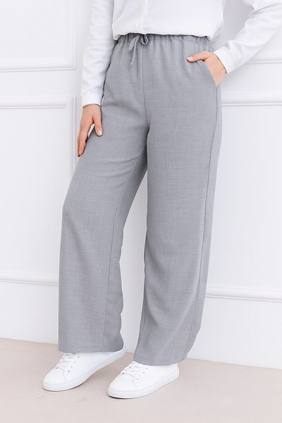 LEGS STAR Women's Gray Sofia Linen Double Pocket Wide Leg Trousers