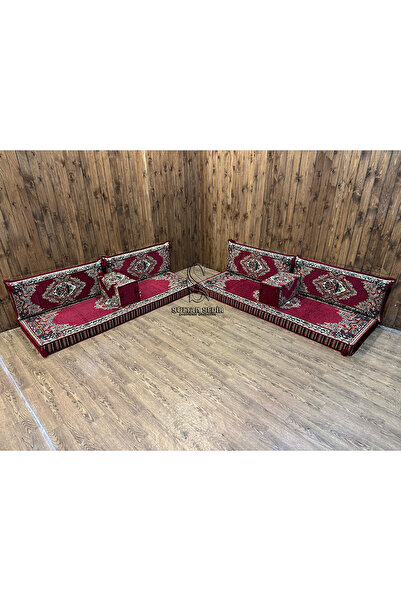 Sultan Sedir Munzur - Kilim Şark Köşesi, Yer Minderi Takımı – 28 Dansit Sert Süngerli – 4 Parça – Bordo
