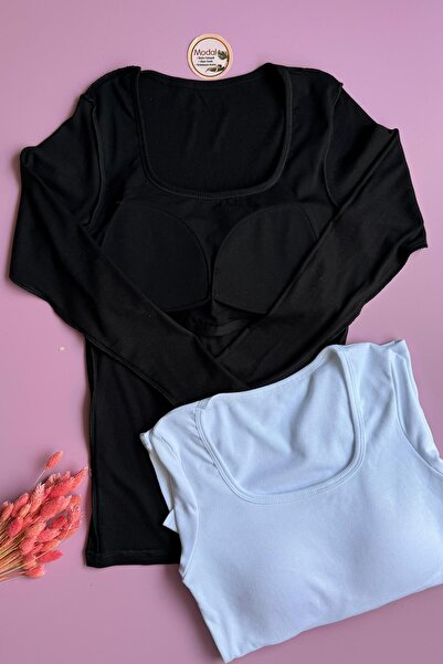 VicTroy Bratique μακρυμάνικο | Γυναικεία Μπλούζα 2 τεμαχίων Ασπρόμαυρο Modal Υφασμάτινο Σουτιέν - T-shirt