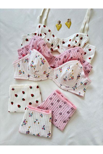 İNKO İÇ GİYİM 3 Colorful Underwire Patterned Cotton Bra Set