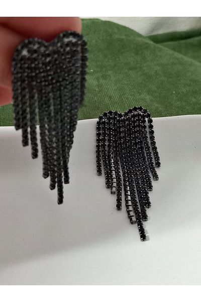 mos&more Black Stone Dangle Long Women's Evening Dress Earrings, Tassel Earrings, Waterway