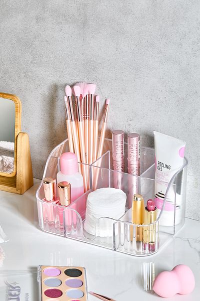 Royev Transparent Makeup Organizer – Multi-Compartment, Brush and Cosmetic Storage Box