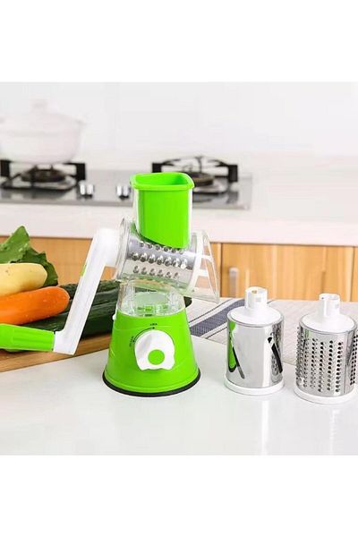 Generic Manual Rotary Vegetable Chopper, 3 Stainless Steel Blades, Cheese Grater and Slicer, Green