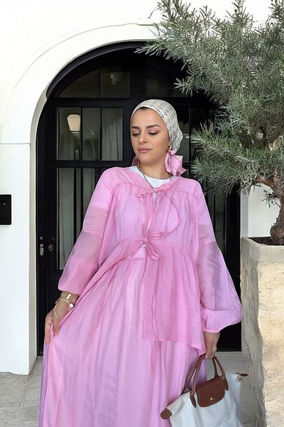 Aselim Hijap Moda Σετ φούστας Cotton Voile Kimono |   Με επένδυση |   36-44 Μέγεθος Ροζ