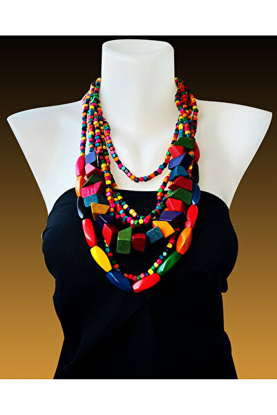 BALVA KONSEPT RENKLİ BONCUKLU AHŞAP OTANTİK BOHEM KOLYE