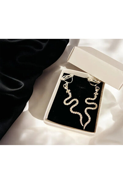 1PARÇAMAVİ 4,3cm Yılan Kadın Klipsli Küpe -deliksiz Kulak Küpesi