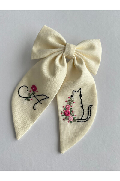 Colorfullkidss Kişiye Özel Kadın El Yapımı Kedi Nakışlı İsimli Fiyonk Toka
