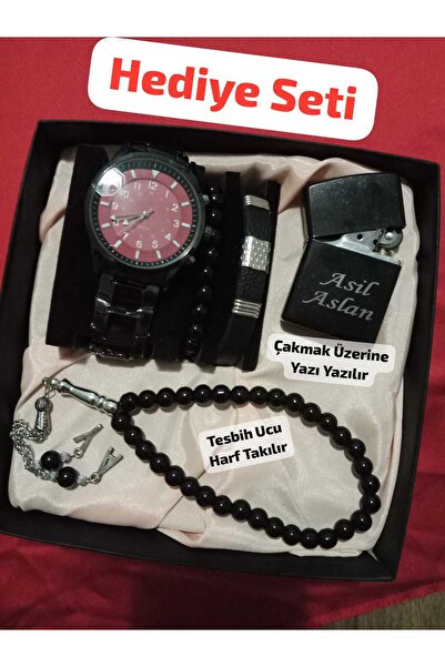 Brality Özel Kutulu Hediyelik Erkek Kombin Saat Seti Çakmak Tesbih Bileklik (...