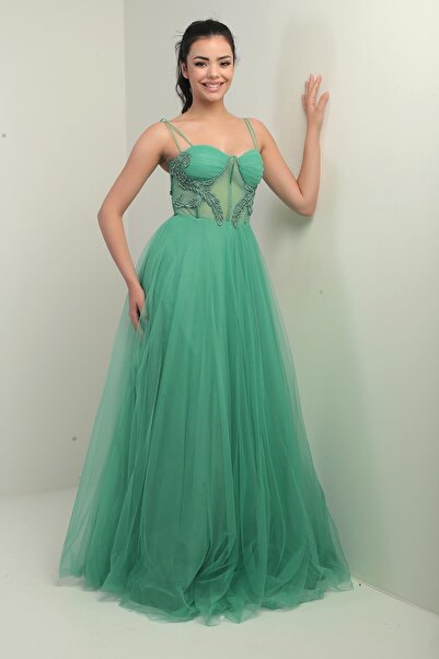 By Saygı Γυναικείο φόρεμα με κορδόνι με επένδυση στο στήθος με πλισέ χάντρες ...