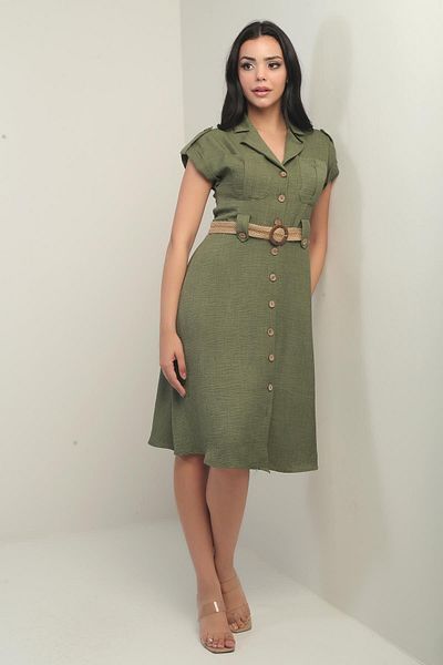 By Saygı Rochie de damă cu guler fără umăr, cu buzunare duble, cu centură, cu efect de in