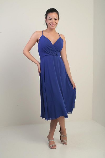 By Saygı Rochie de damă din șifon evazat, cu bretele din frânghie, cu guler dublu, căptușită la spate