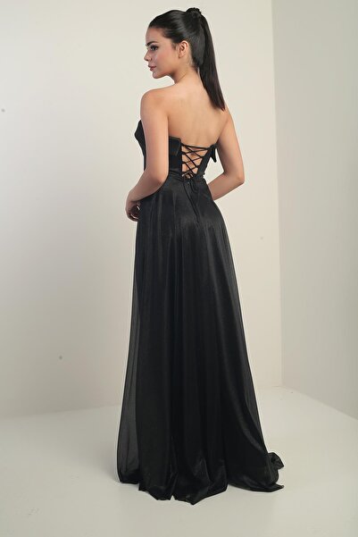 By Saygı Γυναικείο φόρεμα με σφουγγάρι με επένδυση από γιακά με γκλίτερ μακρύ τούλι