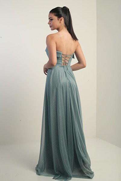 By Saygı Γυναικείο φόρεμα με σφουγγάρι με επένδυση από γιακά με γκλίτερ μακρύ τούλι