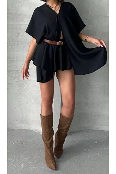 World Fashion Trends 8017 Shoulder Detailed Linen Look Suit Shorts+Blouse