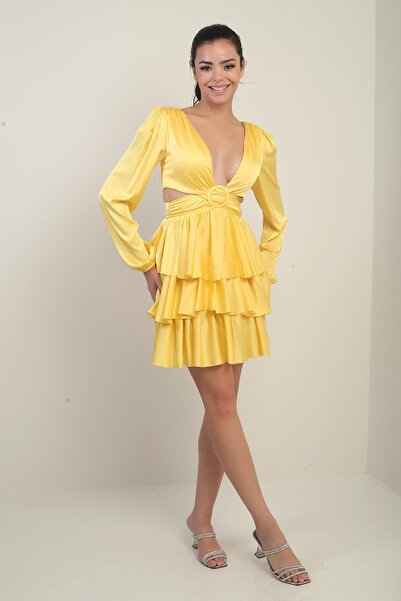 By Saygı Women's Front Back V Neck Low-Cut Low-Cut Lined Fold Satin Short Dress