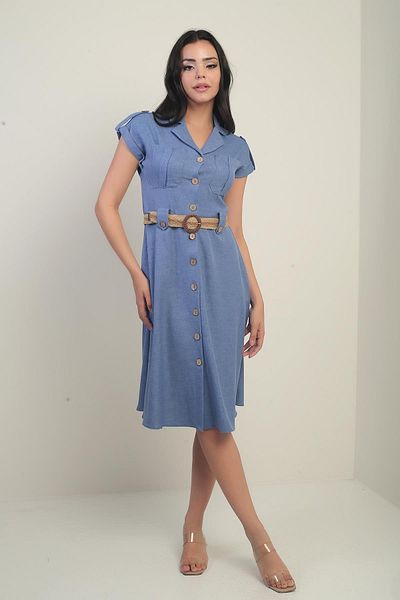 By Saygı Rochie de damă cu guler fără umăr, cu buzunare duble, cu centură, cu efect de in