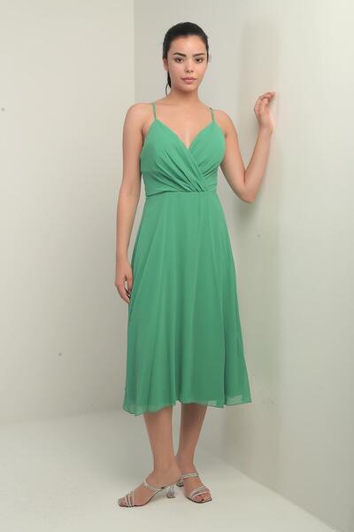 By Saygı Women's Rope Strap Double Breasted Neck Lined Back Lace up Flared Chiffon Dress