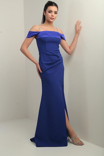 By Saygı Rochie de damă cu bretele subțiri din satin cu mâneci scurte, cu guler Madonna, căptușită, cu drapaj dublu