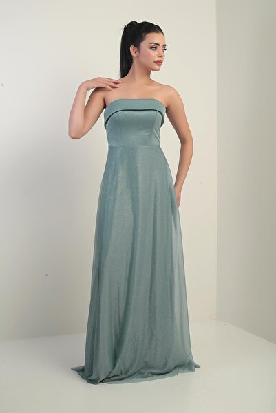 By Saygı Γυναικείο φόρεμα με σφουγγάρι με επένδυση από γιακά με γκλίτερ μακρύ τούλι