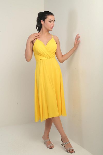By Saygı Women's Rope Strap Double Breasted Neck Lined Back Lace up Flared Chiffon Dress