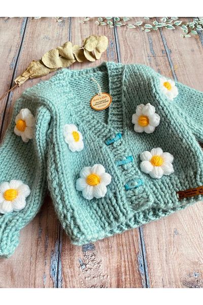 seraskids Turquoise Daisy Hand Knitted Crop Baby Girl Cardigan