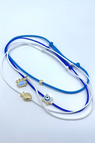 Concept HuBuTU 4 Pieces Minimal Turtle Crab Fish Evil Eye Lucky Figured White Midnight Blue Rope Summer Anklet Set