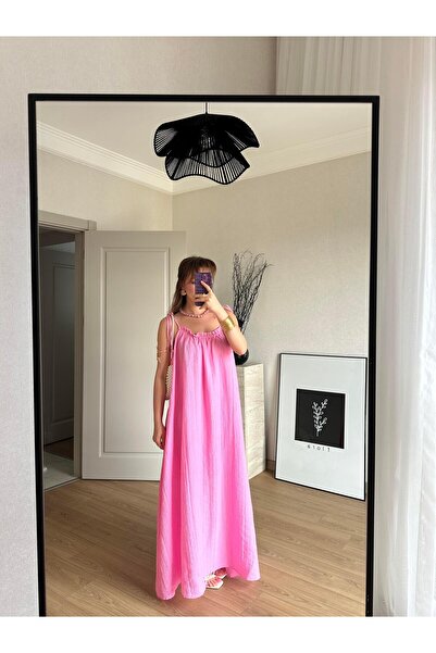 BAŞARAN Μακρύ φόρεμα Seersucker με λουράκι με κορδόνια ροζ